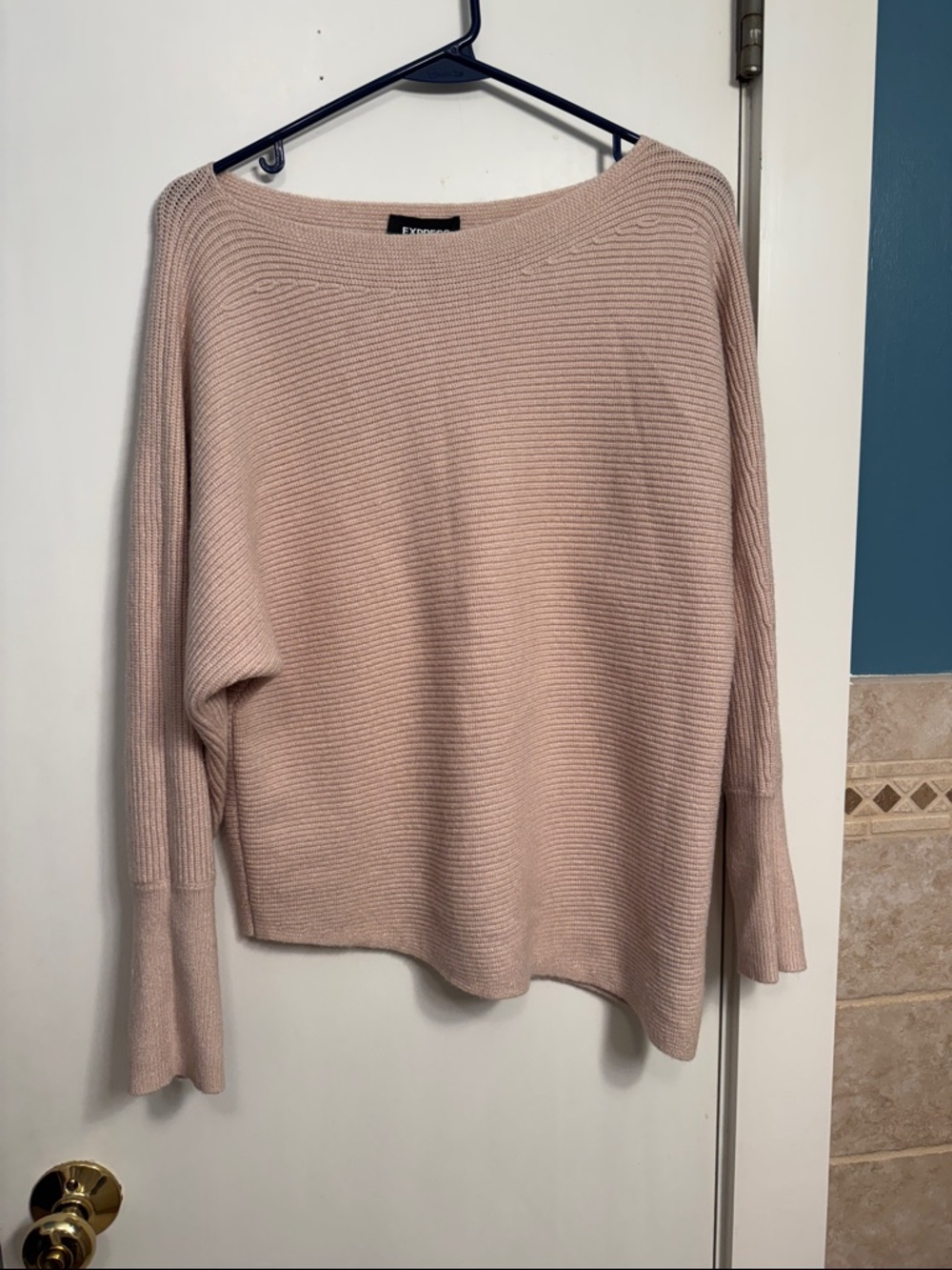 Express Women's Tan Off-the-Shoulder Ribbed Sweater